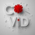 3D render COVID word with `O` like a red virus cell. Pharmacology development, vaccines invention and testing, global vaccination.