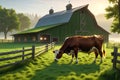 3D Render of a Cow Grazing in a Lush Green Pasture, Detailed Barn in the Background - Early Morning Farm Serenity Royalty Free Stock Photo