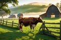 3D Render of a Cow Grazing in a Lush Green Pasture, Detailed Barn in the Background - Early Morning Farm Serenity