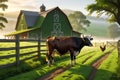 3D Render of a Cow Grazing in a Lush Green Pasture, Detailed Barn in the Background - Early Morning Farm Serenity