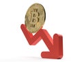 3d render crash bitcoin isolated white bacground bitcoin on a red arrow going to the bottom