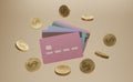 3D render credit cards and gold coin isolate on beige background. Online payment concept on beige background. Income, money