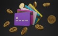 3D render credit cards and gold coin isolate on black background. Income, money