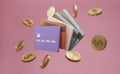 3D render credit cards and gold coin isolate on pink background. Online payment concept on pink background. Income, money savings