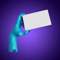 3d render, creepy blue zombie hand holds blank card template. Halloween clip art isolated on violet background Royalty Free Stock Photo