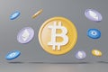 3d render of cryptocurrency Bitcoin with other coins Ethereum and Carnado floating around. Cryptocurrency digital currency