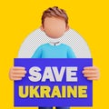 3d render illustration cute boy holding poster save ukraine