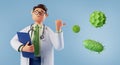 3d render, cute cartoon character doctor wears glasses and shows green viruses and bacterias. Smart professional caucasian male