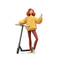 3d render, cute cartoon character redhead young woman stands near the electric scooter. Modern urban transport clip art isolated