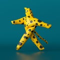3d render, cute cartoon character walking, yellow leopard with black spots isolated on dark blue background. Funny mascot costume