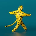 3d render, cute cartoon character walking, yellow leopard with black spots isolated on dark green background. Funny mascot costume