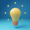 3d render cute cartoon electric light bulb icon with rays of light