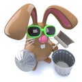 3d Cute chocolate Easter bunny rabbit ready to clean with a broom