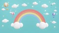 3D Render cute pastel rainbow with hot air balloons and minimal cloud for commercial design background.