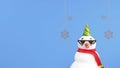 3D Render Of Cute Snowman Wearing Party Hat With Scarf, Golden Snowflakes Hang And Copy Space On Blue