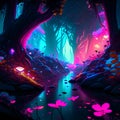 3d render, dark forest with neon lights and pink flowers, 3d illustration AI generated