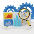 3D Render of Data Analysis Tools with Gears and Magnifying Glass statistics charts Royalty Free Stock Photo