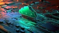 A 3D render of a data storage technology symbol, represented by a green neon light cloud download icon, set against a black Royalty Free Stock Photo