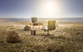 3D render of desk, computer and office chair at the desert. Idea of isolated homeoffice, remote work during virus pandemy.