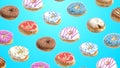 3D render Different donuts on a blue background