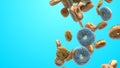 3D render Different donuts on a blue background