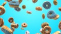 3D render Different donuts on a blue background