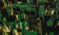 3d render digital abstract dark green building architecture fragment. Cyber City. Printed circuit board PCB technology repetition. Royalty Free Stock Photo