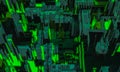 3d render digital abstract green building architecture fragment. Cyber City. Printed circuit board PCB technology repetition. Royalty Free Stock Photo