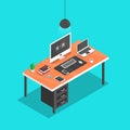 3D Render of Digital Devices as Laptop, Smartphone, Tablet, Calculator, Countdown Timer in Computer Screen on Table.