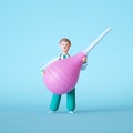 3d render digital illustration. Cute cartoon doctor character holding big pink enema clyster. Clip art isolated on light blue Royalty Free Stock Photo