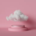 3d render, digital illustration. White cumulus or cloud floating above the round podium, empty stage, cylinder pedestal. Objects.