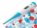 3d render of digital thermometer with pills Royalty Free Stock Photo