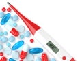3d render of digital thermometer with pills Royalty Free Stock Photo