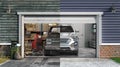 3d render of dirty and clean garage interior with open doors and cars in front. Royalty Free Stock Photo