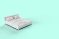 3d render distant side angle view of white bed with white pillow cover and white bed sheet and blanket for mockup with a pastel Royalty Free Stock Photo