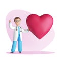 3d render, doctor cardiologist cartoon character with heart shape. Medical consultation concept on pink background.