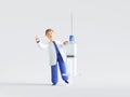 3d render. Doctor cartoon character holding big syringe with vaccine against virus. Clip art isolated on white background.