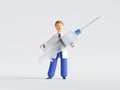 3d render. Doctor cartoon character holding big syringe with vaccine against virus. Clip art isolated on white background.