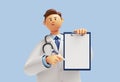 3d render. Doctor cartoon character shows clipboard with blank paper. Clip art isolated on blue background. Professional Royalty Free Stock Photo