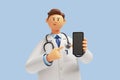 3d render. Doctor cartoon character shows smart phone device with blank screen. Clip art isolated on blue background. Medical Royalty Free Stock Photo