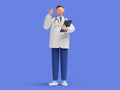 3d render, doctor cartoon character standing with finger pointing up, holding clipboard. Confident friendly therapist. Medical Royalty Free Stock Photo