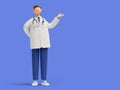 3d render. Doctor cartoon character standing, wearing white lab coat and stethoscope. Clip art isolated on blue background. Royalty Free Stock Photo