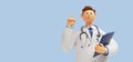 3d render. Doctor cartoon character with stethoscope and clipboard, looks at camera and gives advice. Clip art isolated on blue