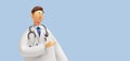 3d render. Doctor cartoon character wearing white coat and stethoscope. Clip art isolated on blue background. Professional