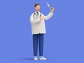 3d render, doctor cartoon character wearing white lab coat with stethoscope, standing and holding thermometer. Clip art isolated Royalty Free Stock Photo