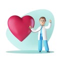 3d render, doctor cartoon character wears uniform and stethoscope, cardiologist listens to the heart, hand up medical advice. Royalty Free Stock Photo