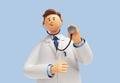 3d render. Doctor cartoon character wears white coat and holds stethoscope. Clip art isolated on blue background. Professional