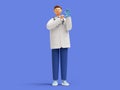 3d render. Doctor therapist cartoon character with stethoscope wears blue latex glove. Clip art isolated on blue background.