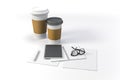 3d render - documents and coffee cups