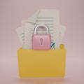 3D render Documents in folder icon with lock on pink background. Sensitive data and information. Data or file protection. Data